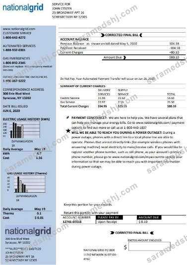 USA New York National Grid utility bill template in Word and PDF format